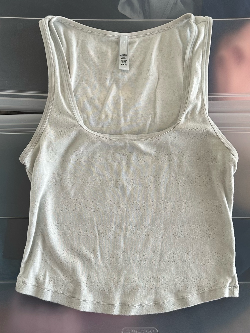 SKIMS Logo Pointelle Cotton Tank Top Scoop Neckline Light Blue Sz Medium Lounge